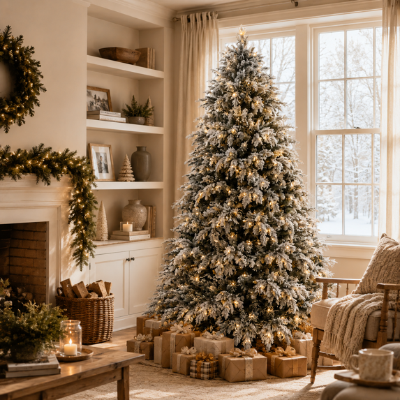 Aufeile 6FT Pre-Lit Snow Flocked Christmas Tree, PE Mixed Artificial Christmas Tree with 1,120 Tips, 300 Warm White Lights, Realistic Flocked Spruce Cedar Xmas Tree for Indoor Holiday Decor