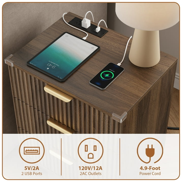 Aufeile 3 Piece Dresser and Nightstand Set for Bedroom, Boho 6 Drawer Dresser & Nightstands Set of 2 with 3 Drawers & USB Charging, Fluted Wood Storage Cabine, Modern Bedroom Furniture Set, Walnut