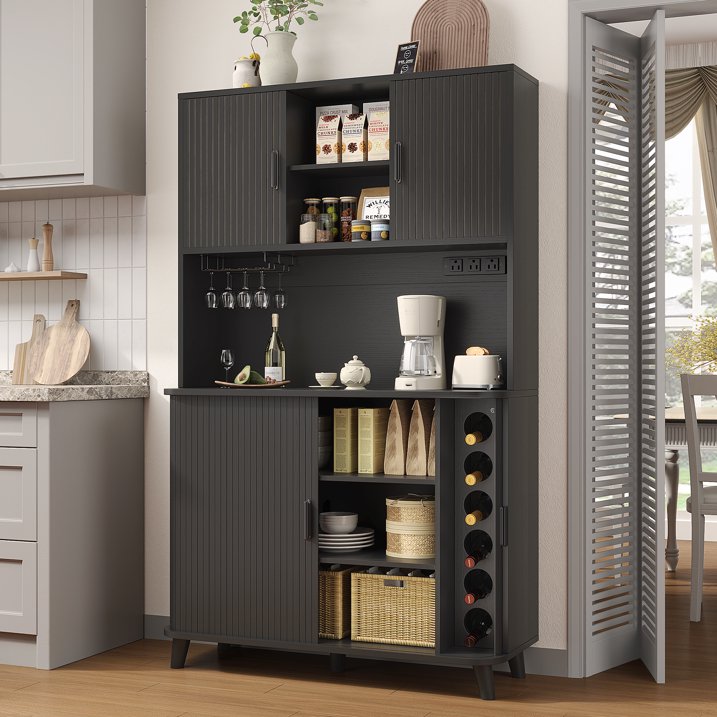 Aufeile 71" Kitchen Pantry Storage Cabinet with Charging Station, Coffee Bar Station with Tambour Sliding Door, 39" W Large Hutch with Adjustable Shelves for Kitchen, Dining Living Room, Black