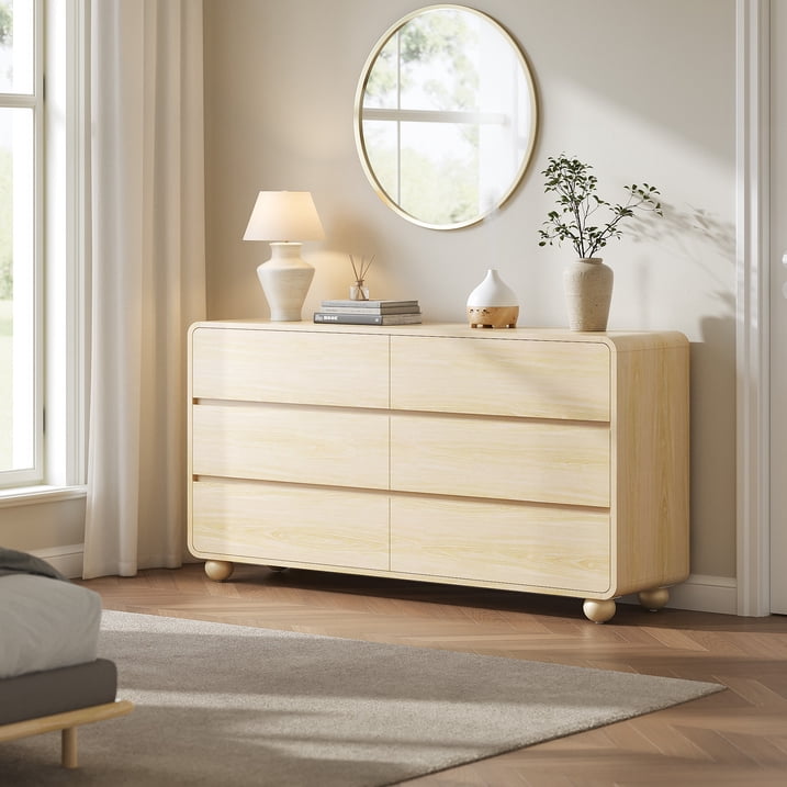 Aufeile Dresser for Bedroom, 6 Drawer Dresser & Chest of Drawers, 53" Modern Chest of Drawers with Curved Profile Design, Wood Dresser Storage Organizer for Adults, Natural Oak