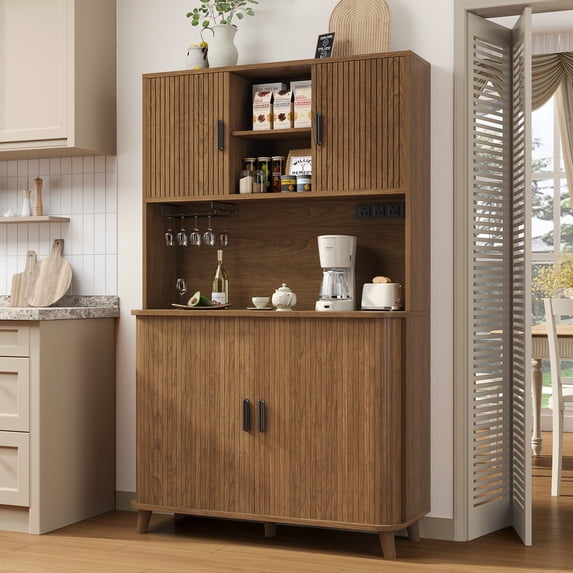 Aufeile Pantry, 71" Tall Kitchen Pantry Cabinet with Charging Station, Pantry Storage Cabinet with Countertop and Sliding Doors, 39" Wide Modern Kitchen Hutch for Dining Room, Living Room, Walnut