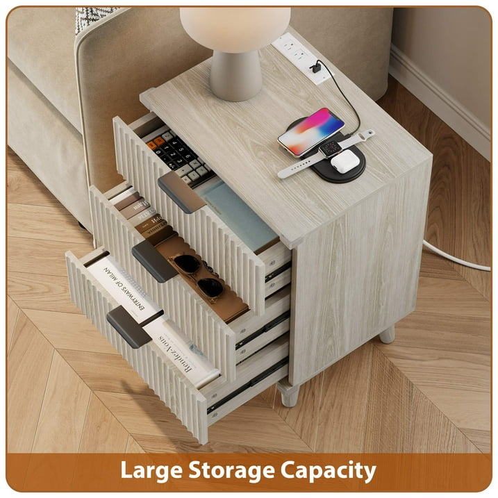 Aufeile 3 Piece Dresser and Nightstand Set for Bedroom, Boho 6 Drawer Dresser & Nightstands Set of 2 with 3 Drawers & USB Charging, Fluted Wood Storage Cabine, Modern Bedroom Furniture Set, White Oak