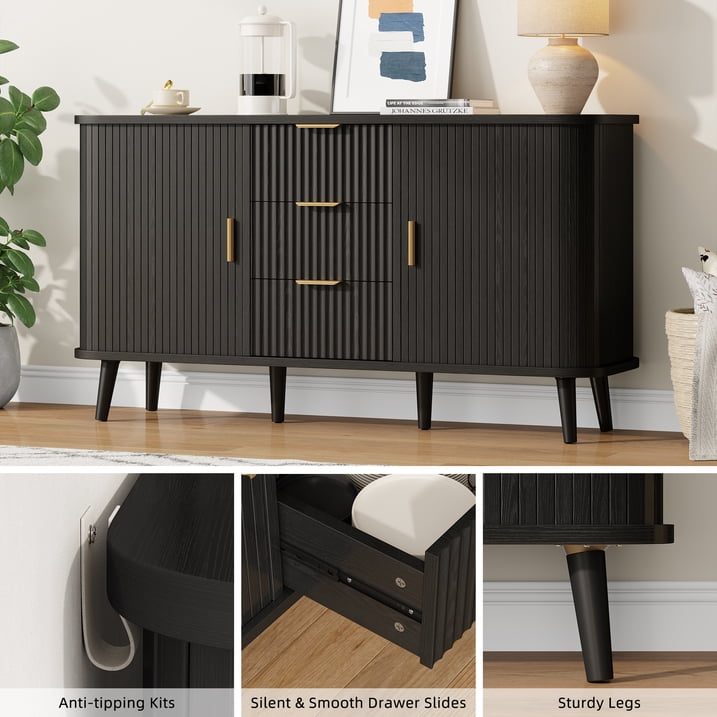 Aufeile Sideboard and Buffet, 55" Storage Cabinet with 3 Drawers and Adjustable Shelves, Modern Accent Cabinet for Kitchen, Dining Living Room, Entryway, Hallway, Black