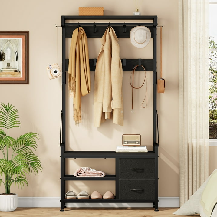 Aufeile Hall Tree with Bench, 6-in-1 Entryway Storage Organizer with Shoe Rack, 17 Hooks, 2 Drawers, Hanging Rod & Top Shelf, Industrial Coat Rack for Hallway, Living Room, Black