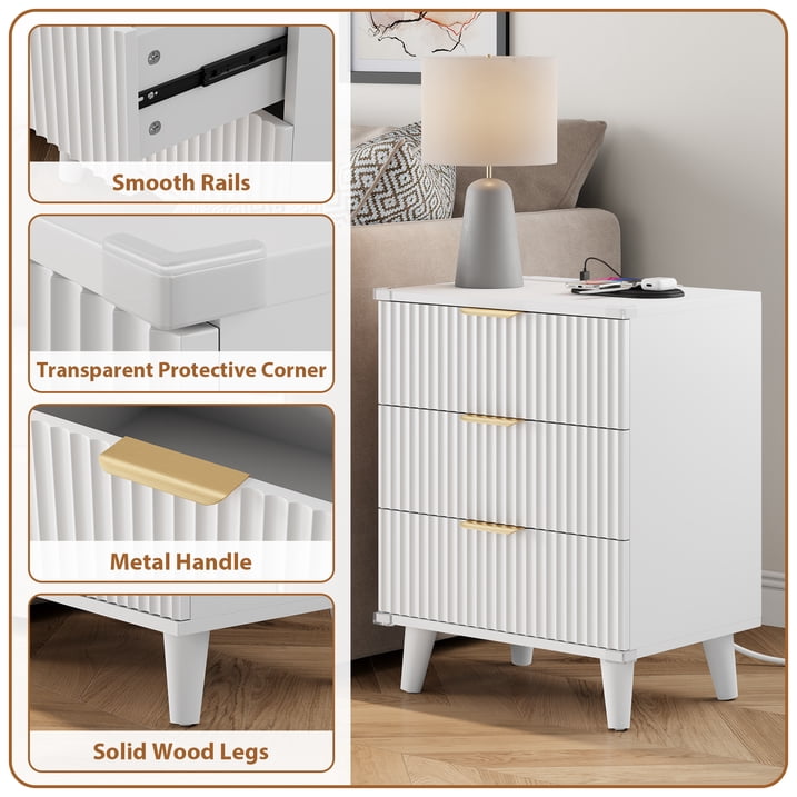 Aufeile 4 Piece Boho Dresser Set for Bedroom, 6 Drawer Dresser, 5 Drawer Tall Dresser & 2 Nightstands with 3 Drawers & USB Charging, Fluted Wood Bedroom Furniture Set, White