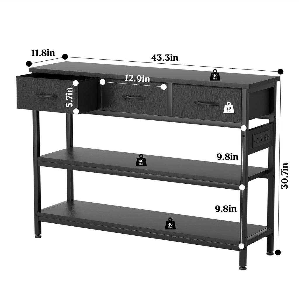Aufeile 43" Narrow Console Table, Entryway Table with 3 Drawers and Outlets, Fabirc Sofa Table with Open Shelves for Couch, Hallway, Foyer, Living Room, Black