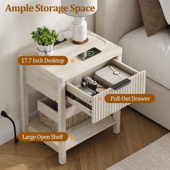 Aufeile Fluted Nightstand with Charging Station, Modern Bedside Table with Drawer & Open Shelf, End Table with 2 AC Outlets, USB & Type-C Ports for Bedroom or Living Room, White Oak