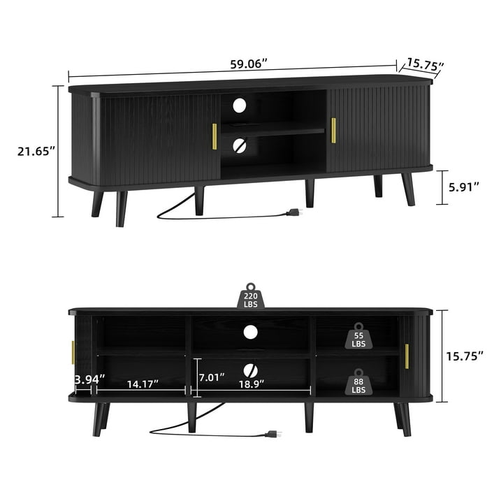 Aufeile TV Stand for 65 Inch TV, 59" Modern TV Stand with Power Outlet, Entertainment Center for Living Room, Fluted TV Console & Mueble Para TV with 2 Sliding Tambour Doors, Black