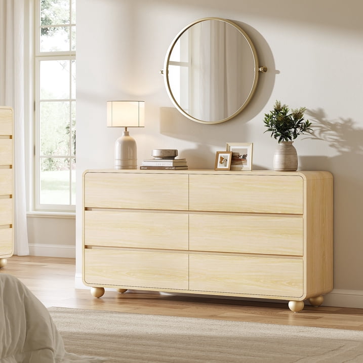 Aufeile Dresser for Bedroom, 6 Drawer Dresser & Chest of Drawers, 53" Modern Chest of Drawers with Curved Profile Design, Wood Dresser Storage Organizer for Adults, Natural Oak
