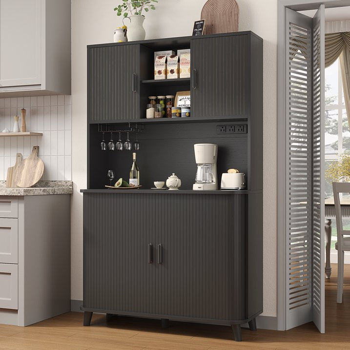 Aufeile 71" Kitchen Pantry Storage Cabinet with Charging Station, Coffee Bar Station with Tambour Sliding Door, 39" W Large Hutch with Adjustable Shelves for Kitchen, Dining Living Room, Black