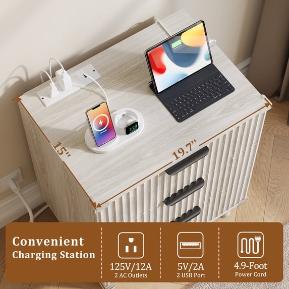 Aufeile Nightstand with Charging Station, 3 Drawer Nightstand for Bedroom, Fluted Bedside Table with USB Ports, Modern Wood Bedroom Side Table with Drawers, White Oak