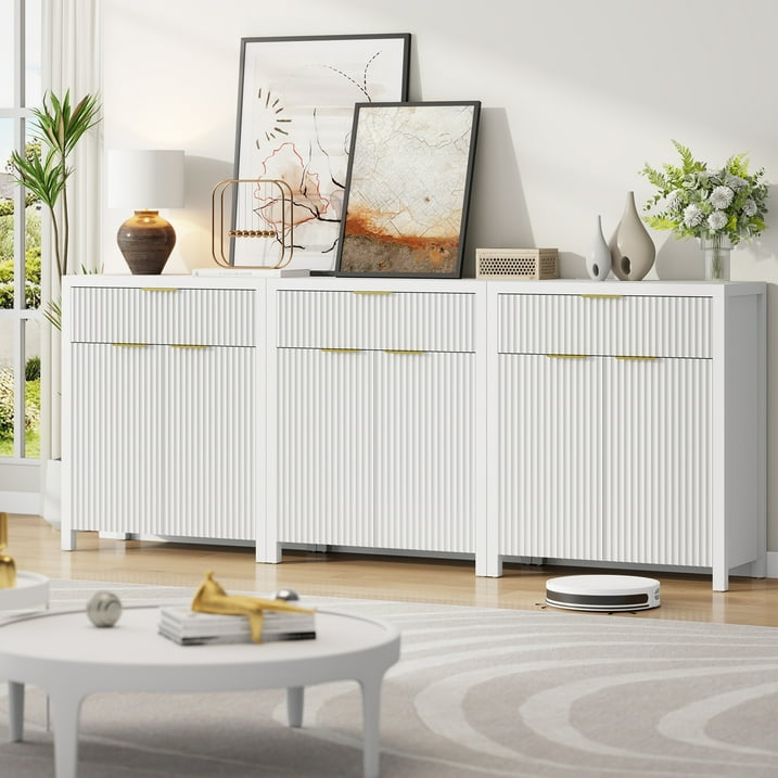 Aufeile Modern Sideboard with Drawer, White Fluted Buffet Cabinet with Adjustable Shelf, Storage Cabinet Home Furniture for Dining Living Room, Kitchen, Entryway