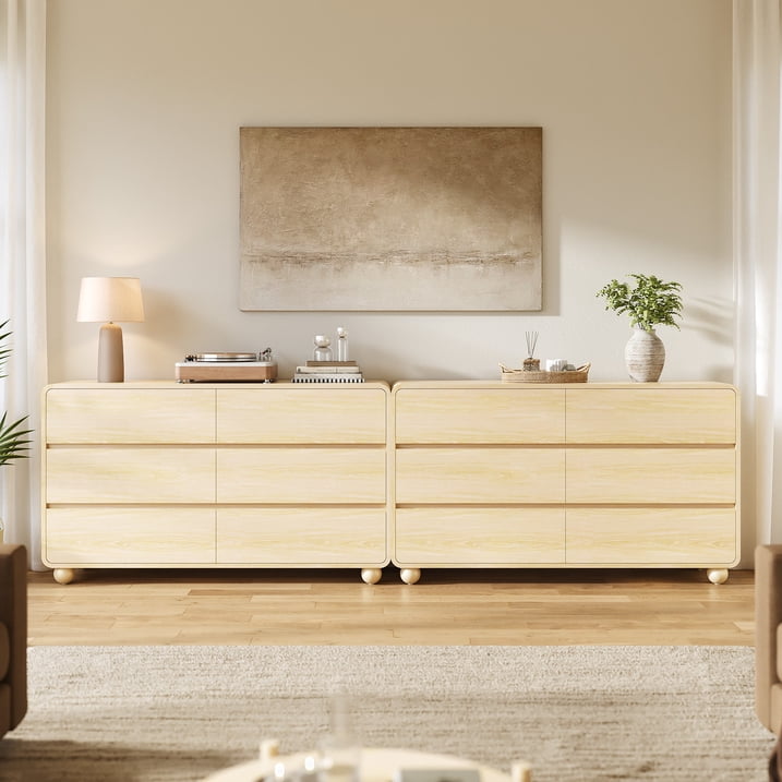 Aufeile Dresser for Bedroom, 6 Drawer Dresser & Chest of Drawers, 53" Modern Chest of Drawers with Curved Profile Design, Wood Dresser Storage Organizer for Adults, Natural Oak