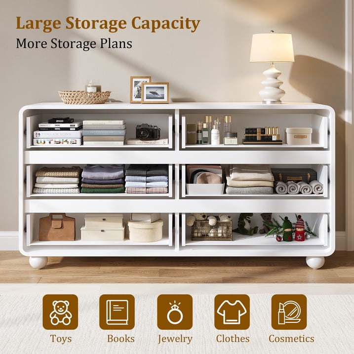 Aufeile Dresser for Bedroom, 6 Drawer Dresser & Chest of Drawers, 53" Modern Chest of Drawers with Curved Profile Design, Wood Dresser Storage Organizer for Adults, White