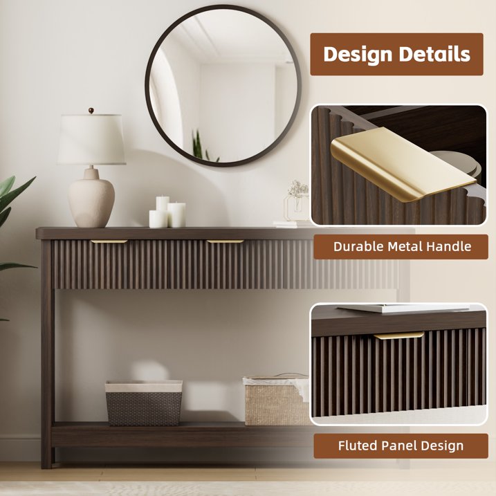 Aufeile 51" Entryway Table, Fluted Console Table with 3 Storage Drawers and Open Shelf, Narrow Sofa Couch Table for Living Room Hallway Entrance Foyer, Walnut