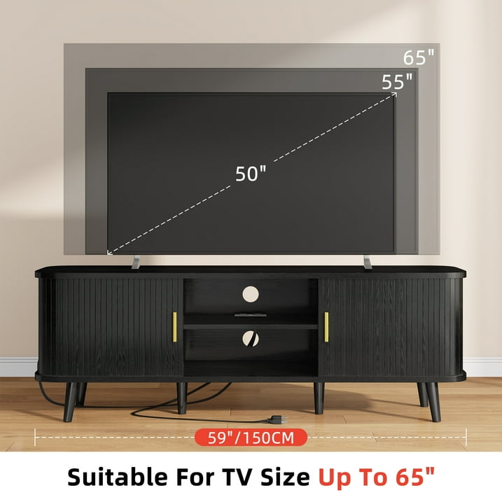 Aufeile TV Stand for 65 Inch TV, 59" Modern TV Stand with Power Outlet, Entertainment Center for Living Room, Fluted TV Console & Mueble Para TV with 2 Sliding Tambour Doors, Black