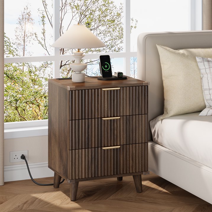 Aufeile 3 Piece Dresser and Nightstand Set for Bedroom, Boho 6 Drawer Dresser & Nightstands Set of 2 with 3 Drawers & USB Charging, Fluted Wood Storage Cabine, Modern Bedroom Furniture Set, Walnut