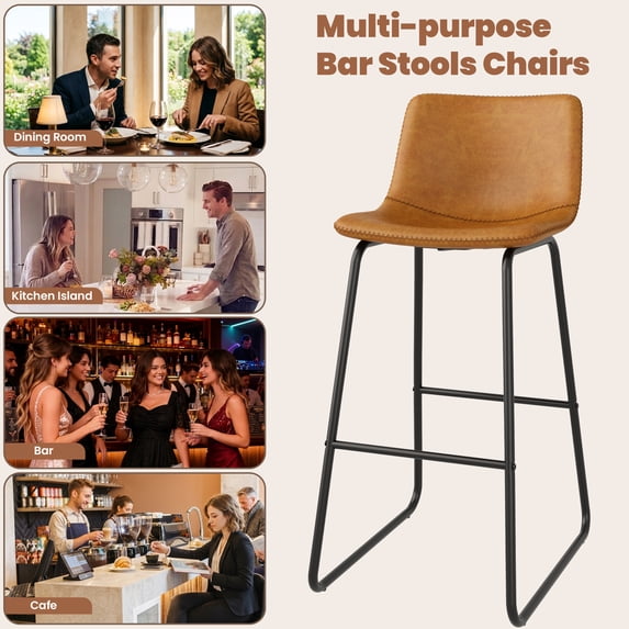 Aufeile 30" Counter Height Bar Stools Set of 3 – Modern Faux Leather Barstools with Back & Metal Legs, Kitchen Bar Chairs for Island, Dining Room, Whiskey Brown
