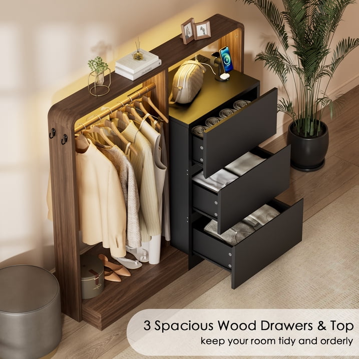 Aufeile Dresser for Bedroom, 3 Drawer Dresser with Hanging Rod, LED Lights & Charging Station, Modern Wood Storage Dresser Chest for Bedroom, Closet, Entryway, Black