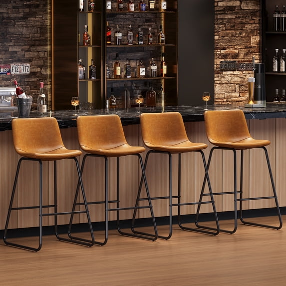 Aufeile 26" Counter Height Bar Stools Set of 2 – Modern Faux Leather Barstools with Back & Metal Legs, Kitchen Bar Chairs for Island, Dining Room, Whiskey Brown