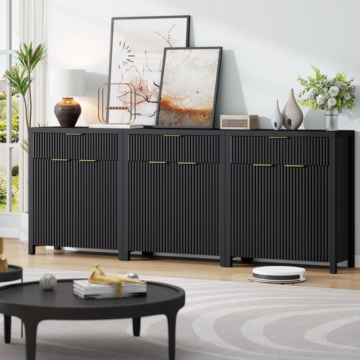 Aufeile Fluted Sideboard and Buffet, Accent Storage Cabinet with Adjustable Shelf for Dining room, Kitchen, Living room, Black