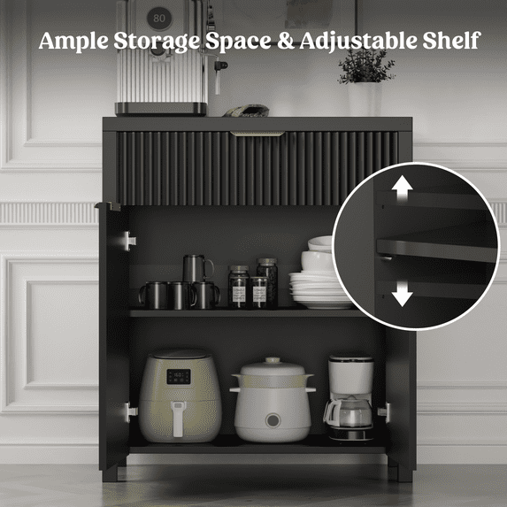 Aufeile 85" W Sideboard Buffet Cabinet with Storage Drawers, Set of 3 Fluted Accent Cabinet with Adjustable Shelves, Modular Storage Cabinet for Dining Room, Kitchen, Living Room, Black