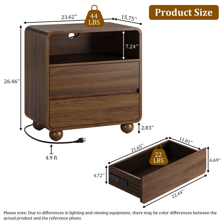 Aufeile Bedroom Dresser and Nightstand 3 Piece Set, 53" 6 Drawer Wood Dresser & Nightstand Set of 2 with Charging Station, Modern Curved Bedroom Furniture Set, Chest of Drawers, Walnut