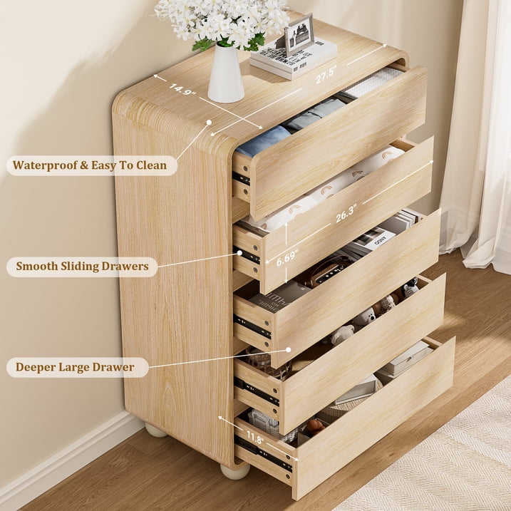 Aufeile 41" Tall Dresser for Bedroom, 5 Drawer Wood Dresser with Curved Profile, Modern Vertical Chest of Drawers, Slim Storage Dresser for Bedroom, Living Room & Entryway, Natural