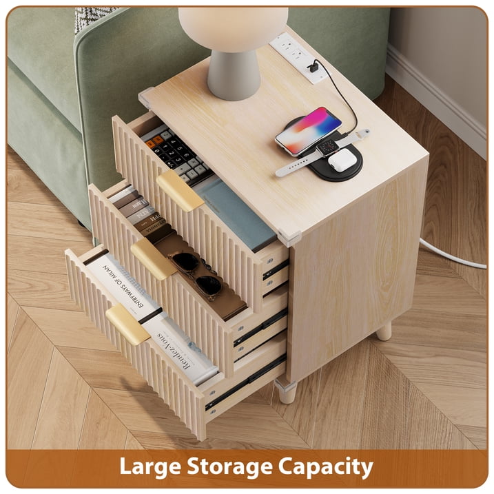 Aufeile 4 Piece Boho Dresser Set for Bedroom, 6 Drawer Dresser, 5 Drawer Tall Dresser & 2 Nightstands with 3 Drawers & USB Charging, Fluted Wood Bedroom Furniture Set, Natural