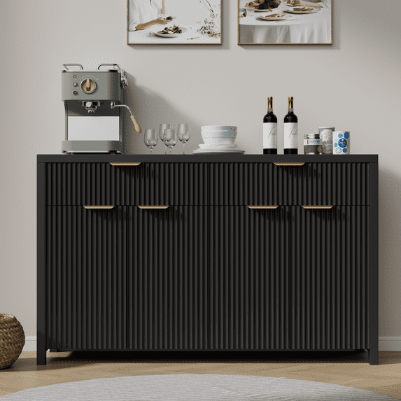 Aufeile Fluted Buffet Cabinet with 2 Drawers, 55L Large Sideboard Credenza with Adjustable Shelf for Dining Room Storage Cabinet, Kitchen Pantry Organizer, Coffee Bar Station, Black