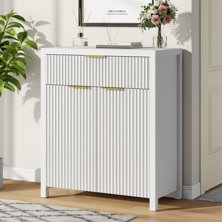 Aufeile Modern Sideboard with Drawer, White Fluted Buffet Cabinet with Adjustable Shelf, Storage Cabinet Home Furniture for Dining Living Room, Kitchen, Entryway