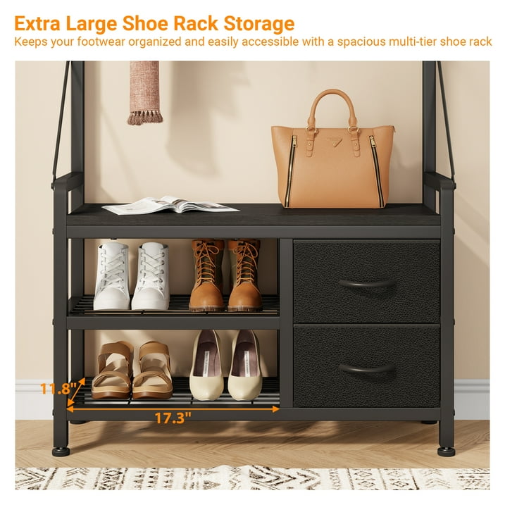 Aufeile Hall Tree with Bench, 6-in-1 Entryway Storage Organizer with Shoe Rack, 17 Hooks, 2 Drawers, Hanging Rod & Top Shelf, Industrial Coat Rack for Hallway, Living Room, Black