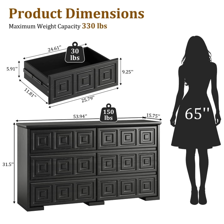 Aufeile Dresser and Nightstand 3 Piece Set - Includes Double 6 Drawer Farmhouse Dresser, Nightstand Set of 2 with Charging Station, Vintage Bedroom Set, Black