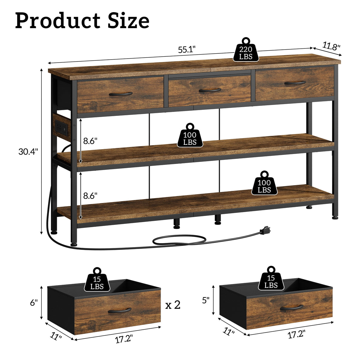 Aufeile 55" Console Table for Entryway, Fabric Sofa Table with 3 Drawers, Outlet and Open Shelves, Entryway Table for Couch, Hallway, Foyer, Living Room, Brown