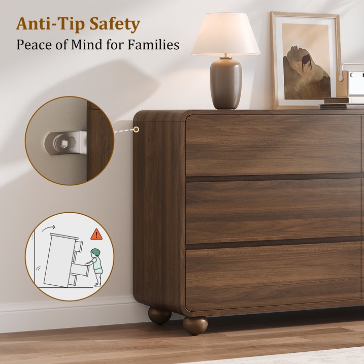 Aufeile Dresser for Bedroom, 6 Drawer Dresser & Chest of Drawers, 53" Modern Chest of Drawers with Curved Profile Design, Wood Dresser Storage Organizer for Adults, Walnut