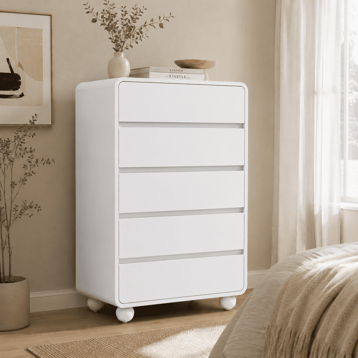 Aufeile 5 Drawer Wood Dresser Set of 2, 41" Tall Vertical Chest of Drawers with Curved Design, Modern Storage Cabinets for Bedroom, Living Room & Entryway, White