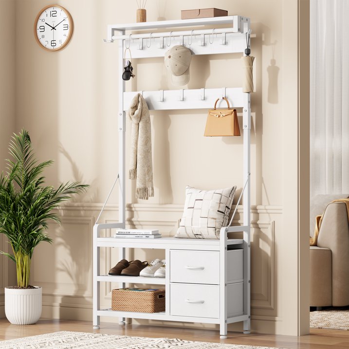Aufeile Hall Tree with Bench, 6-in-1 Entryway Storage Organizer with Shoe Rack, 17 Hooks, 2 Drawers, Hanging Rod & Top Shelf, Industrial Coat Rack for Hallway, Living Room, White