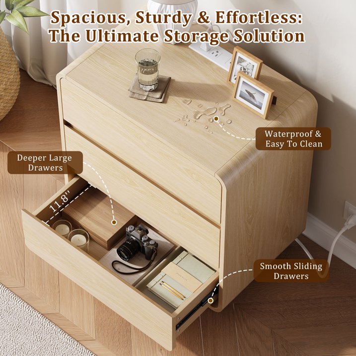 Aufeile Nightstand for Bedroom with Charging Station, 23.6" Wide Bedside Table with 3 Drawers & Open Shelf, Curved Wood Night Stand for Bedroom or Living Room, Natural