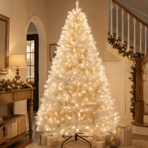 Aufelie 6FT White Christmas Tree, Artificial Christmas Tree with 250 Warm White LED Lights, 800 Branch Tips Pre-Lit Flocked Christmas Tree with Auto-Open Design & Folding Metal Stand