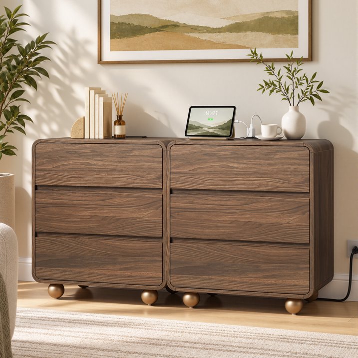 Aufeile Nightstand for Bedroom with Charging Station, 23.6" Wide Bedside Table with 3 Drawers & Open Shelf, Curved Wood Night Stand for Bedroom or Living Room, Walnut