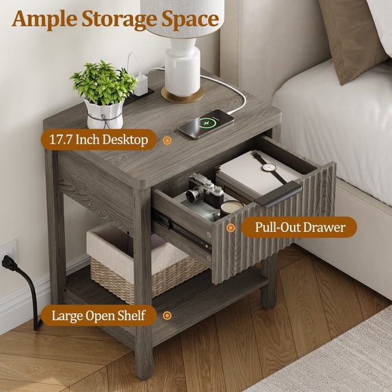 Aufeile Fluted Nightstand with Charging Station, Modern Bedside Table with Drawer & Open Shelf, End Table with 2 AC Outlets, USB & Type-C Ports for Bedroom or Living Room, Dark Grey Oak