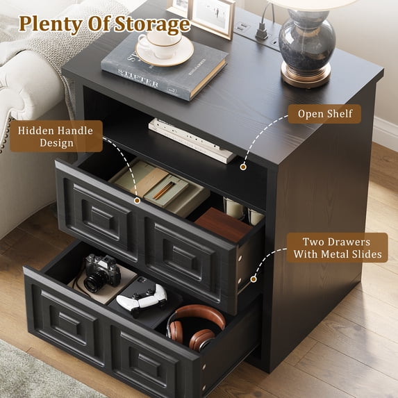 Aufeile Farmhouse 2-Drawer Nightstand, Rustic Sofa Side Table with USB & AC Outlets for Bedroom, End Tables for Living Room, Black