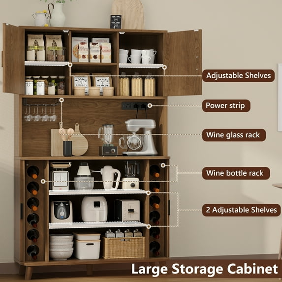 Aufeile Pantry, 71" Tall Kitchen Pantry Cabinet with Charging Station, Pantry Storage Cabinet with Countertop and Sliding Doors, 39" Wide Modern Kitchen Hutch for Dining Room, Living Room, Walnut
