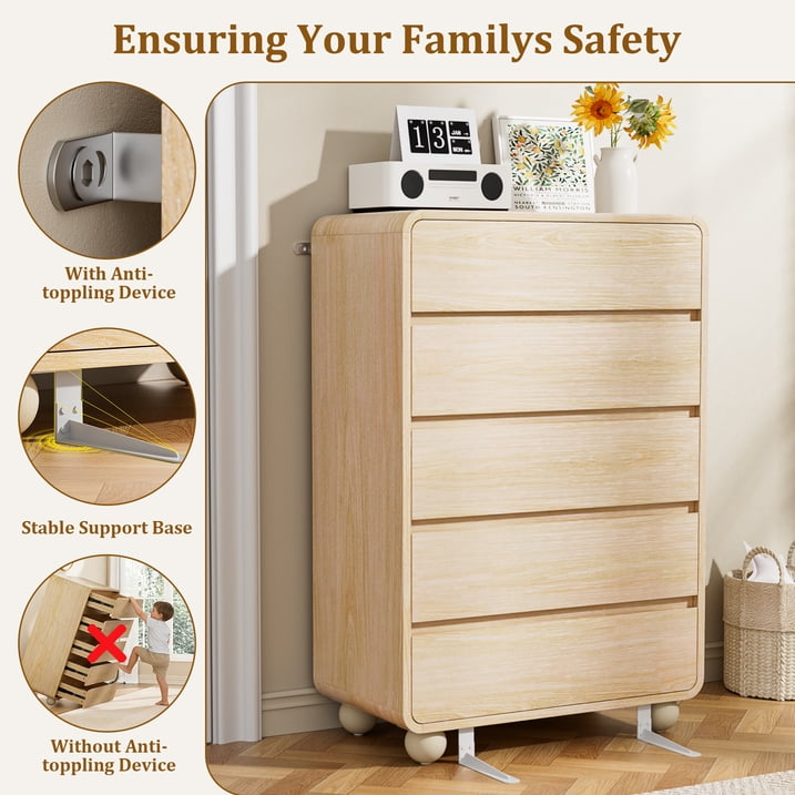 Aufeile 41" Tall Dresser for Bedroom, 5 Drawer Wood Dresser with Curved Profile, Modern Vertical Chest of Drawers, Slim Storage Dresser for Bedroom, Living Room & Entryway, Natural