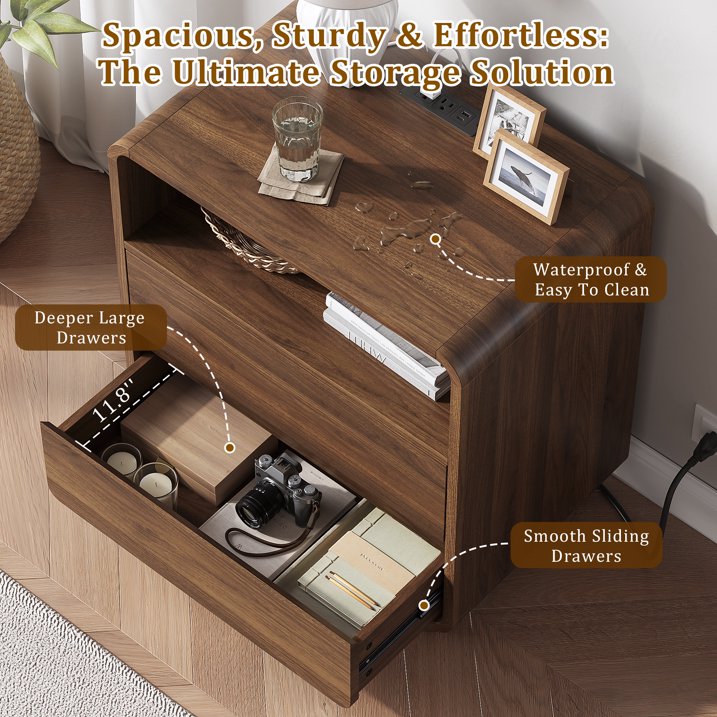 Aufeile Nightstand for Bedroom with Charging Station, 23.6" Wide Bedside Table with 2 Drawers & Open Shelf, Curved Wood Night Stand with USB & Type-C for Bedroom or Living Room, Walnut