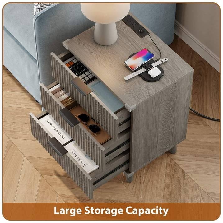 Aufeile 4 Piece Boho Dresser Set for Bedroom, 6 Drawer Dresser, 5 Drawer Tall Dresser & 2 Nightstands with 3 Drawers & USB Charging, Fluted Wood Bedroom Furniture Set, Dark Grey Oak