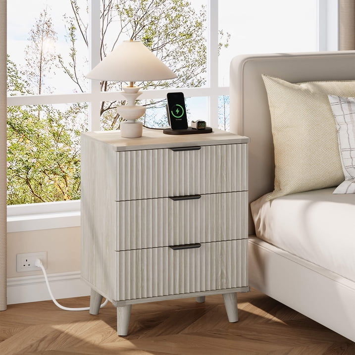 Aufeile 4 Piece Boho Dresser Set for Bedroom, 6 Drawer Dresser, 5 Drawer Tall Dresser & 2 Nightstands with 3 Drawers & USB Charging, Fluted Wood Bedroom Furniture Set, White Oak