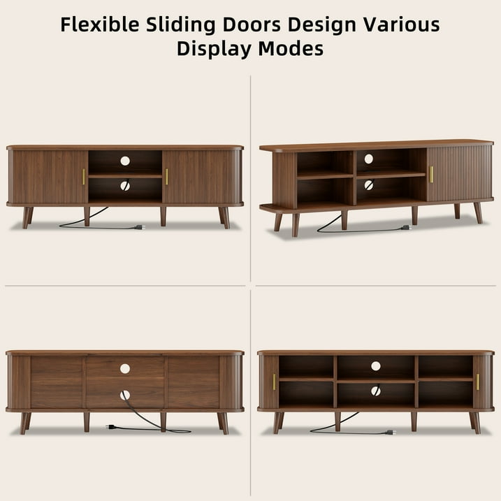 Aufeile TV Stand for 65 Inch TV, 59" Modern TV Stand with Power Outlet, Entertainment Center for Living Room, Fluted TV Console & Mueble Para TV with 2 Sliding Tambour Doors, Walnut