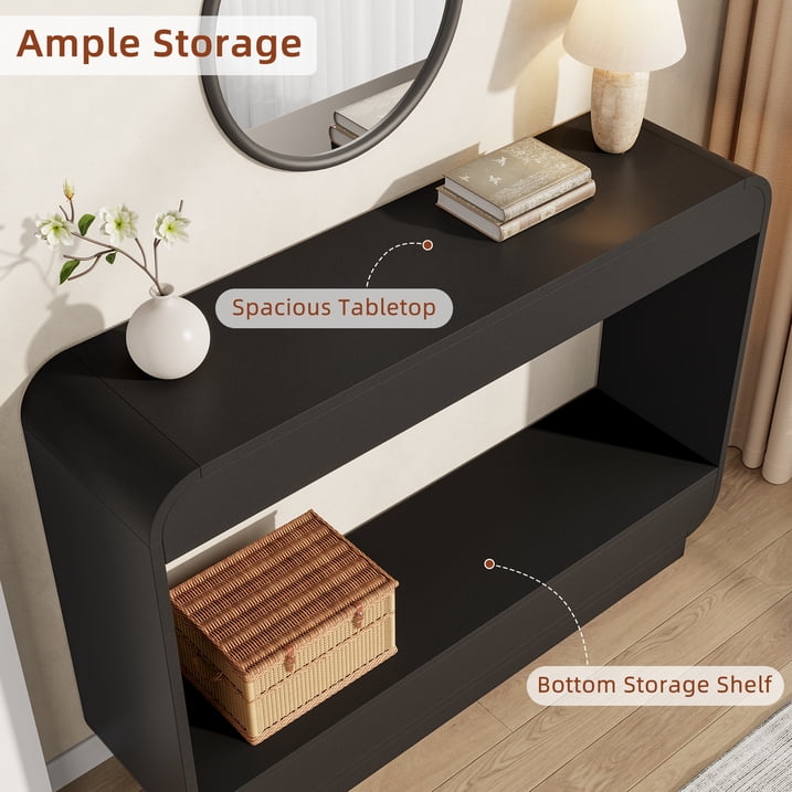 Aufeile 43" Console Table, Curved Entryway Table with Storage, 2-Tier Wood Sofa Table Behind the Couch, Narrow Entry Table for Hallway Foyer Entrance, Black