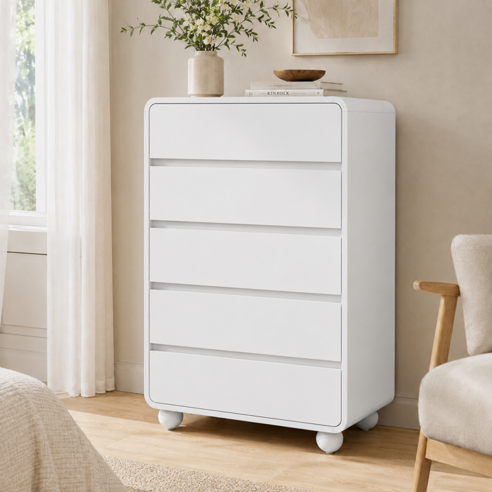 Aufeile 5 Drawer Wood Dresser Set of 2, 41" Tall Vertical Chest of Drawers with Curved Design, Modern Storage Cabinets for Bedroom, Living Room & Entryway, White